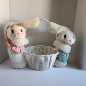 Vintage 1990s Unionsign Rabbit Plush with Wicker Easter Basket